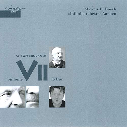 CD cover for Bruckner’s Symphony No. 7, featuring portraits and blue background.