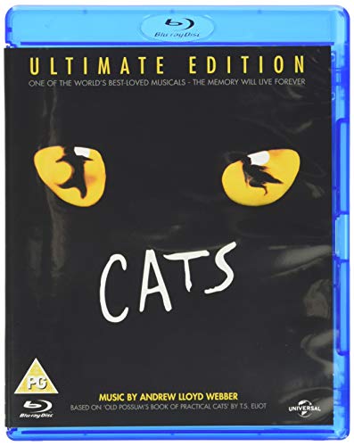 Blu-ray cover for the Cats musical featuring two glowing yellow cat eyes on black.