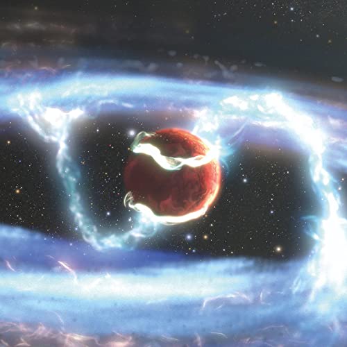 Red planet encircled by swirling blue and white nebula in space.