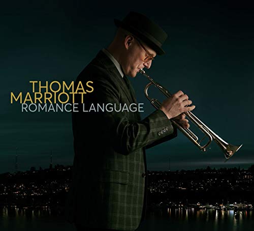 Man in a hat playing a golden trumpet against a city backdrop.