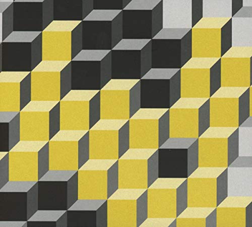 Isometric cube pattern in yellow, black, and gray tones.