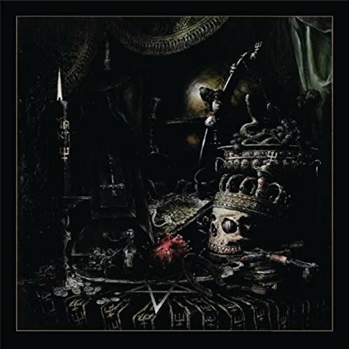 Dark, ornate still life with skull, candles, and ritual objects.