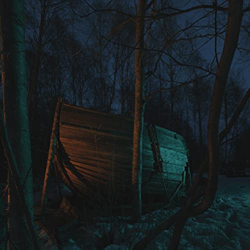 Dark forest scene with a dilapidated wooden boat in the foreground.
