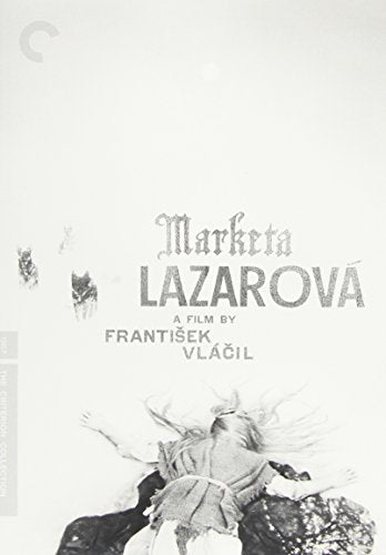 Black and white DVD cover for the film "Marketa Lazarova" with a falling figure.