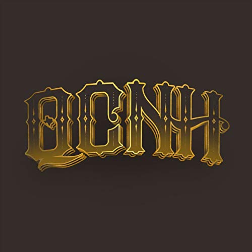 Gold, ornate “QCNH” letters against a dark brown background.