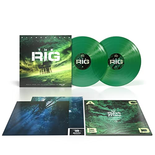 Two translucent green vinyl records and album artwork for “The Rig.”