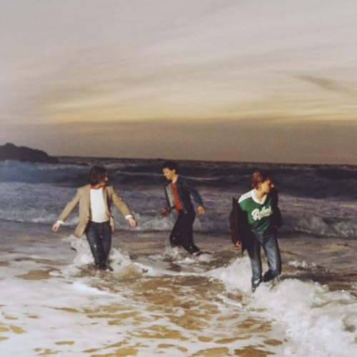 Three people walking along a beach, waist-deep in ocean waves.