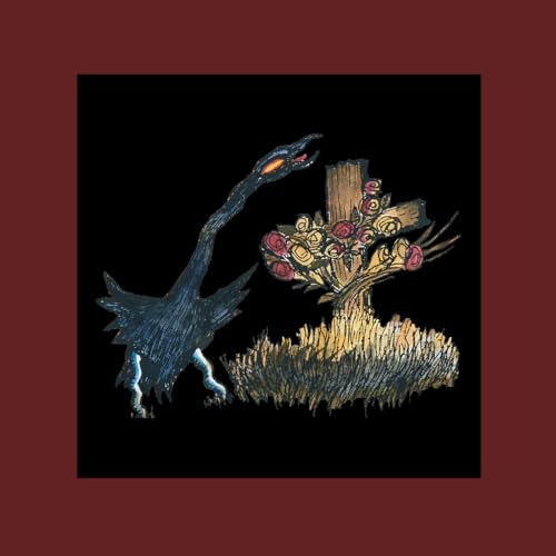Dark album cover with a bird facing a floral, cross-like structure.