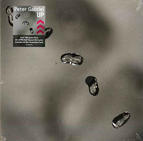 Peter Gabriel Up vinyl cover featuring water droplets on a grey background with sticker.