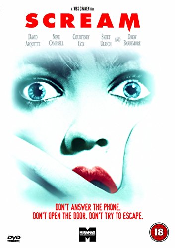 Scream DVD cover: frightened face with red lips, teal and white background.