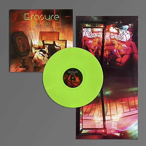 Erasure Day-Glo vinyl record with cover art and insert on a grey background.