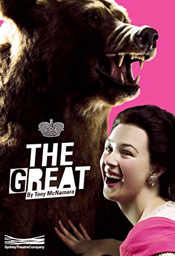 Play poster featuring a bear and smiling woman in period dress.
