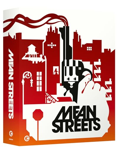 Stylized red and white graphic of a handgun over a city skyline for Mean Streets.