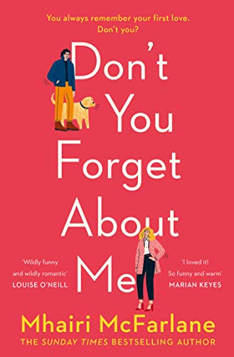 Book cover with large pink text, illustrated couple, and a golden retriever.