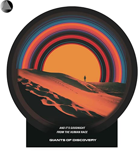 Vinyl record cover with desert landscape, silhouetted figure, and rainbow rings.