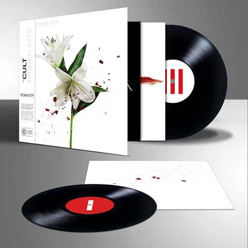 Vinyl record of "Cult - Hidden City" with white lilies and red splashes.