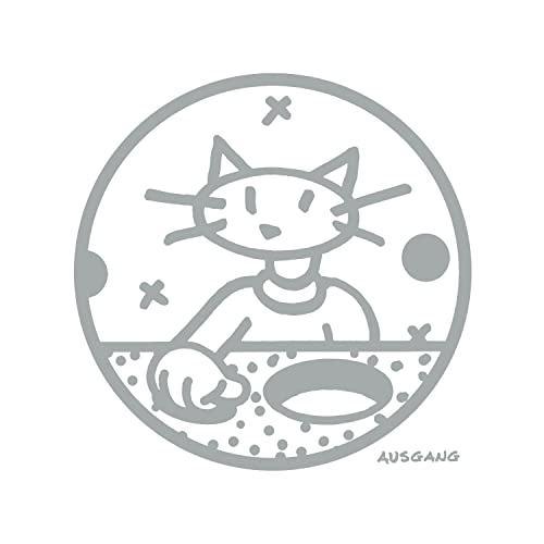 Gray circular illustration of a cat DJing at a turntable.