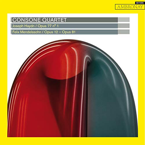 CD cover with yellow border, text for Consone Quartet, Haydn, and Mendelssohn, abstract red-green form.