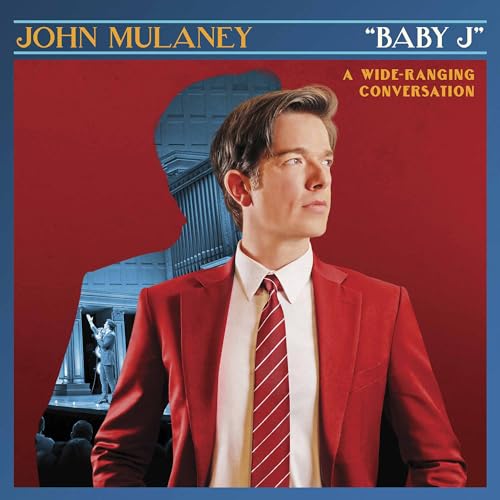 John Mulaney album cover, red background, portrait with building silhouette.