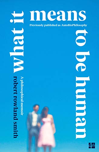 Book cover: blue background, blurred couple, white text, “What it means to be human.”