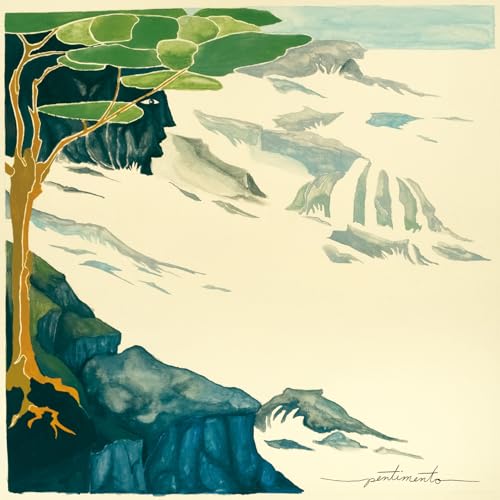 Watercolor landscape with a hidden face and tree branch, album cover.