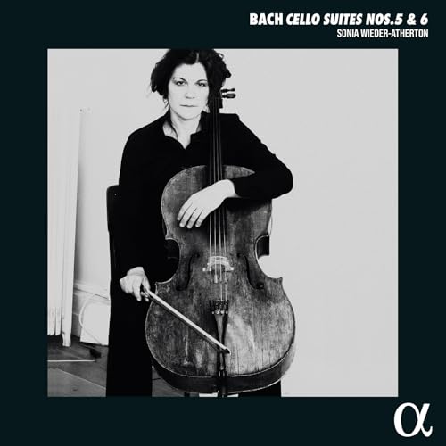Cellist Sonia Wieder-Atherton with her cello, album cover for Bach suites.
