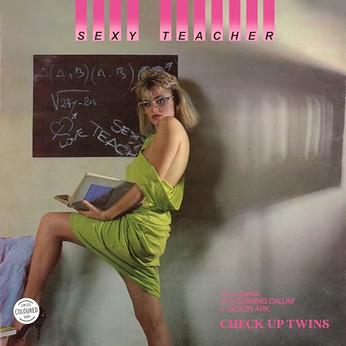 Album cover: woman in green dress, chalkboard with equations, vinyl record.