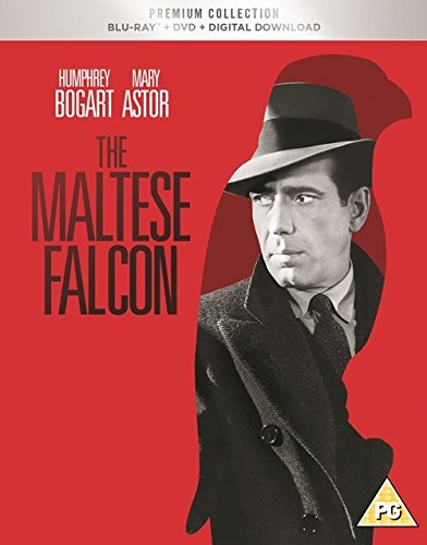 The Maltese Falcon Blu-ray cover featuring Humphrey Bogart against a red falcon silhouette.