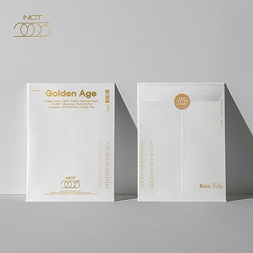 NCT Golden Age CD packaging: a white case and envelope with gold accents.