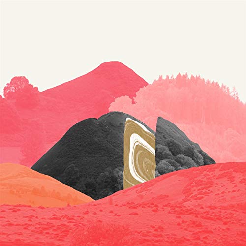 Abstract album cover with pink and black mountainous landscape.