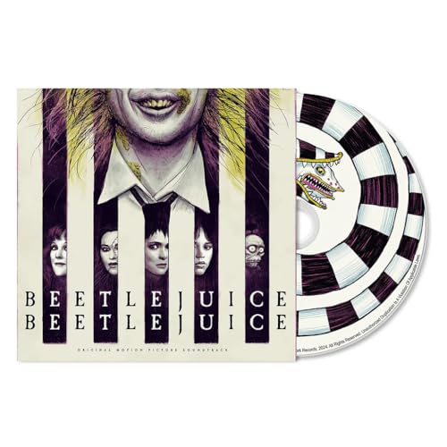 Beetlejuice Beetlejuice CD case with character portraits and striped disc.