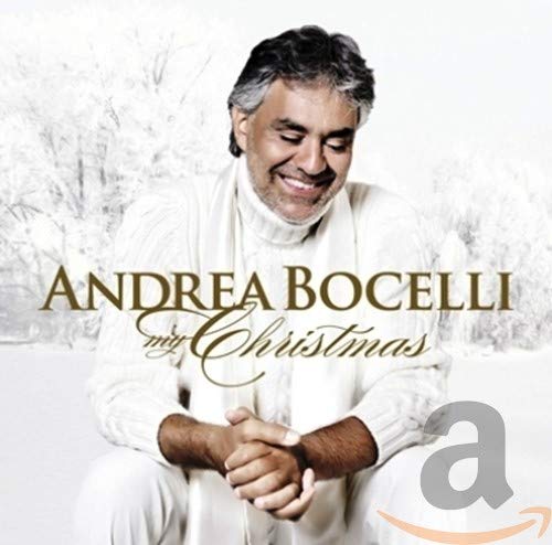 Andrea Bocelli “My Christmas” CD cover with snowy background and Amazon logo.