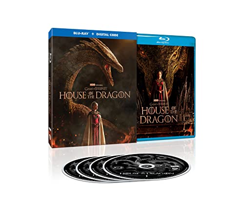 House of the Dragon" Blu-ray case with dragon imagery and accompanying discs.