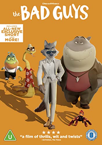 Cartoon animals in various costumes on orange background, DVD cover for The Bad Guys.