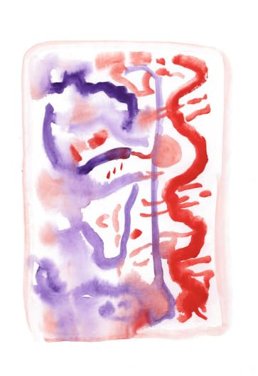 Abstract watercolor painting with purple and red brushstrokes on white.