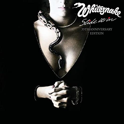Whitesnake album cover: person with snake, partially unzipped jacket, dark background.