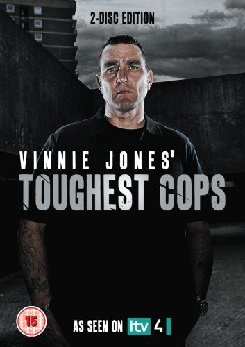 Vinnie Jones’ “Toughest Cops” DVD cover, a stern-faced man in black.