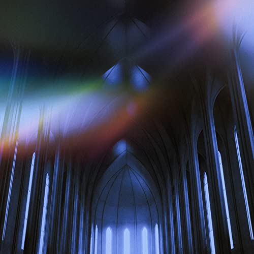 Abstract cathedral interior with colorful light streaks, CD cover art.