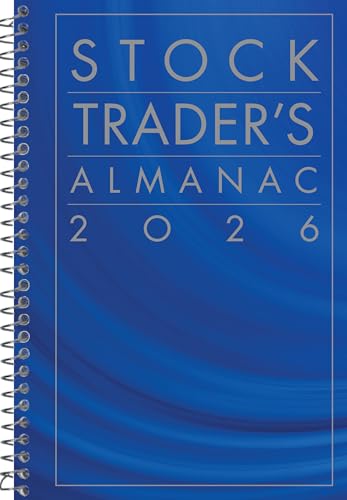 A spiral-bound book cover titled Stock Trader's Almanac 2026 with a blue abstract background.