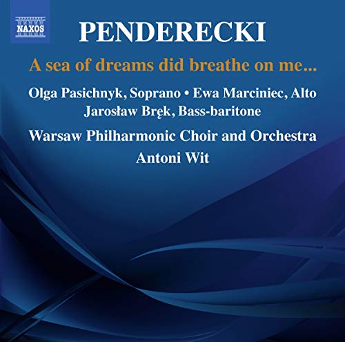 CD cover for Pendereckiās āA Sea of Dreamsā with blue wave design.