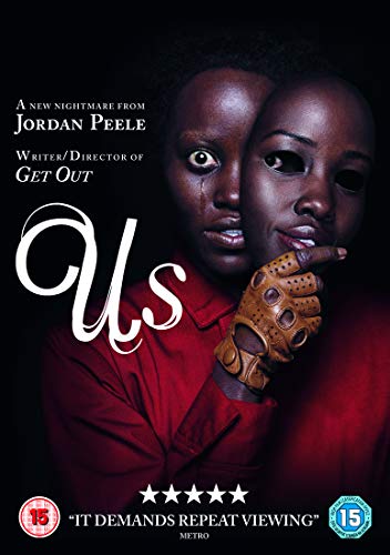 DVD cover for horror film "Us" featuring a woman with a doppelganger.