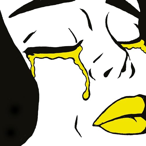 Close-up of a crying face with yellow tears, black and white illustration.