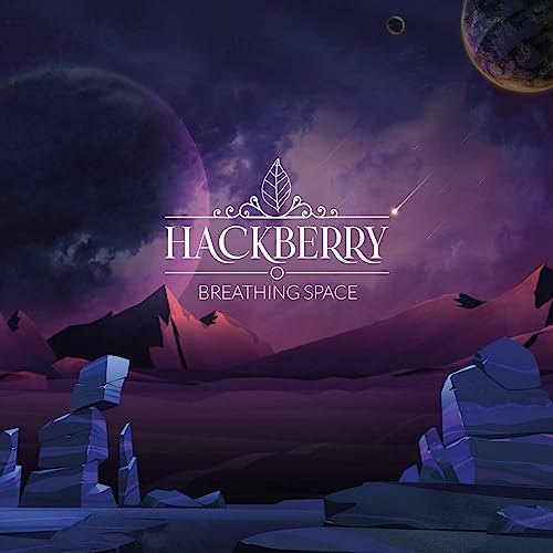 Hackberry “Breathing Space” album cover: planets, mountains, and a leaf logo.