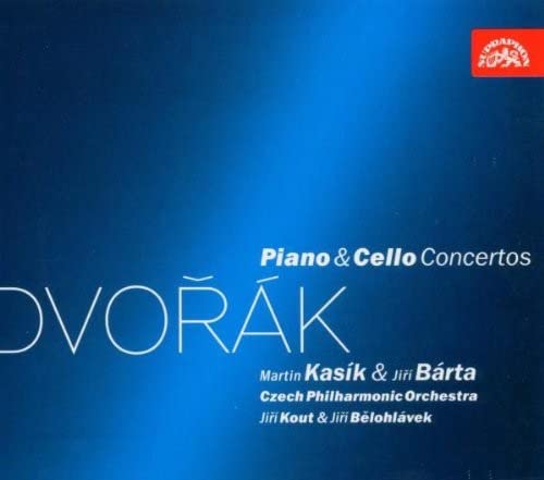 CD cover for Dvorák piano and cello concertos, blue gradient background.