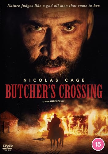 Butcher’s Crossing DVD cover featuring Nicolas Cage, a Western landscape, and fire.