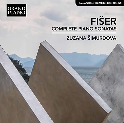 CD cover for Fišer’s Complete Piano Sonatas, featuring mountains and geometric shapes.