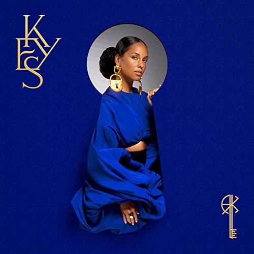 Alicia Keys album cover, blue background, gold lettering and key imagery.
