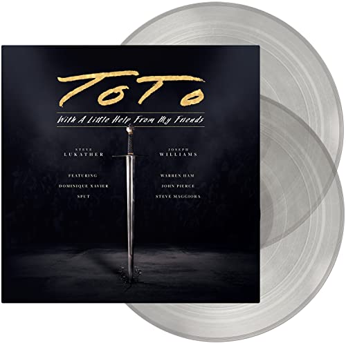 Toto album cover with a sword, overlaid on clear vinyl records.