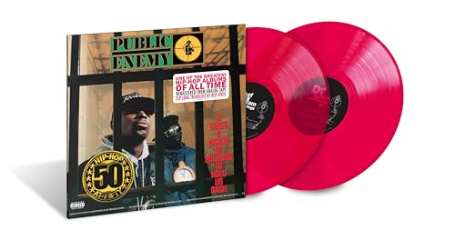 Public Enemy album cover and two transparent red vinyl records.