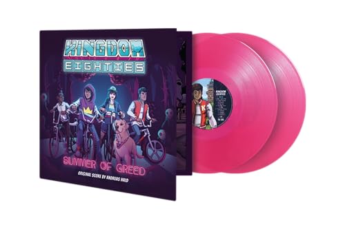 Pink vinyl record with album cover featuring illustrated characters on bikes.